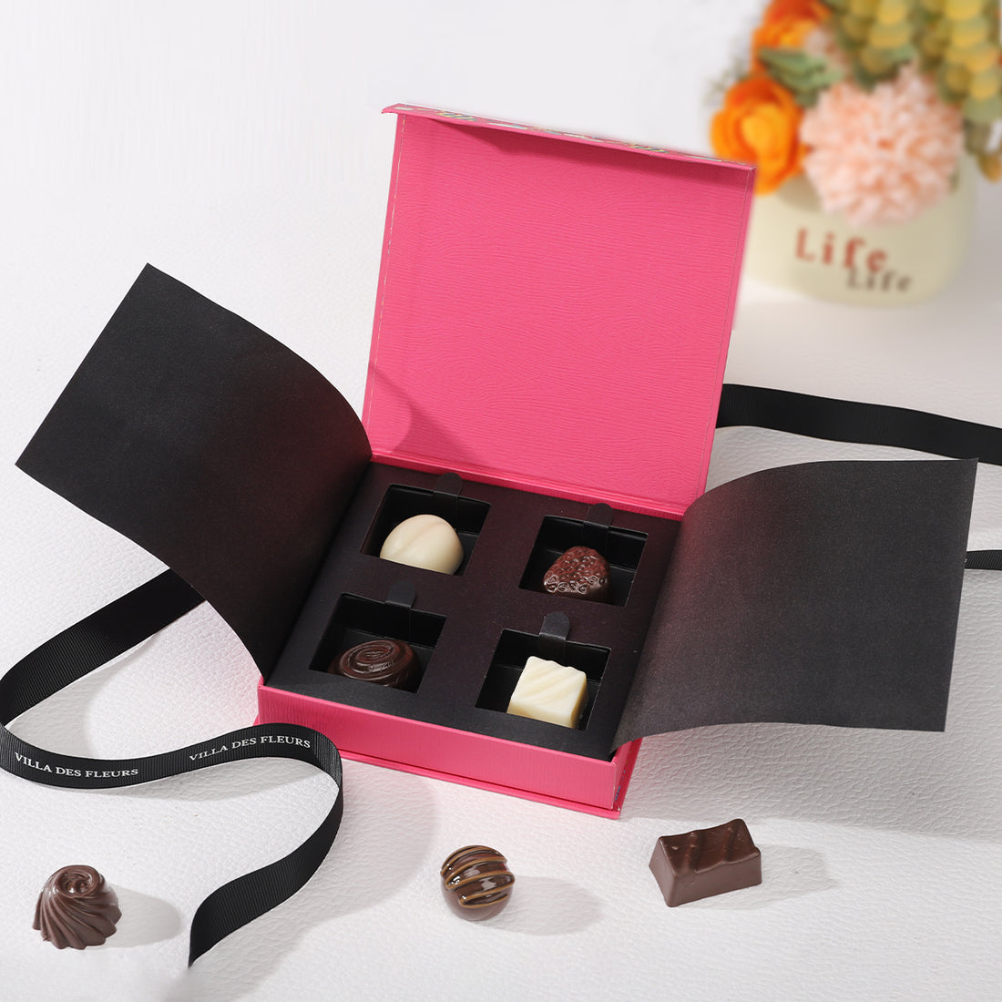 Pink rigid box chocolate with magnetic
