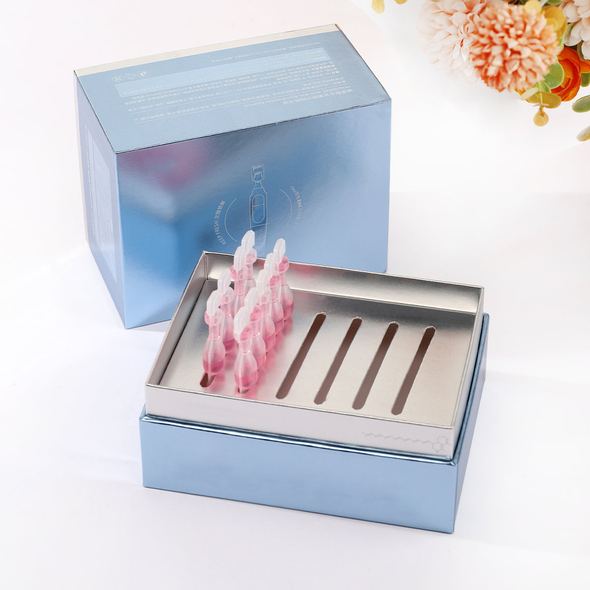customized blue pearl cardboard skincare packaging box with silver neck